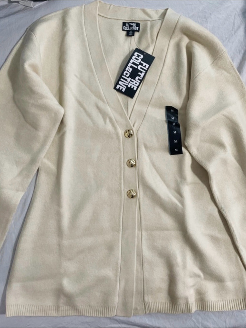 Future Collective Cream V-Neck Button Cardigan